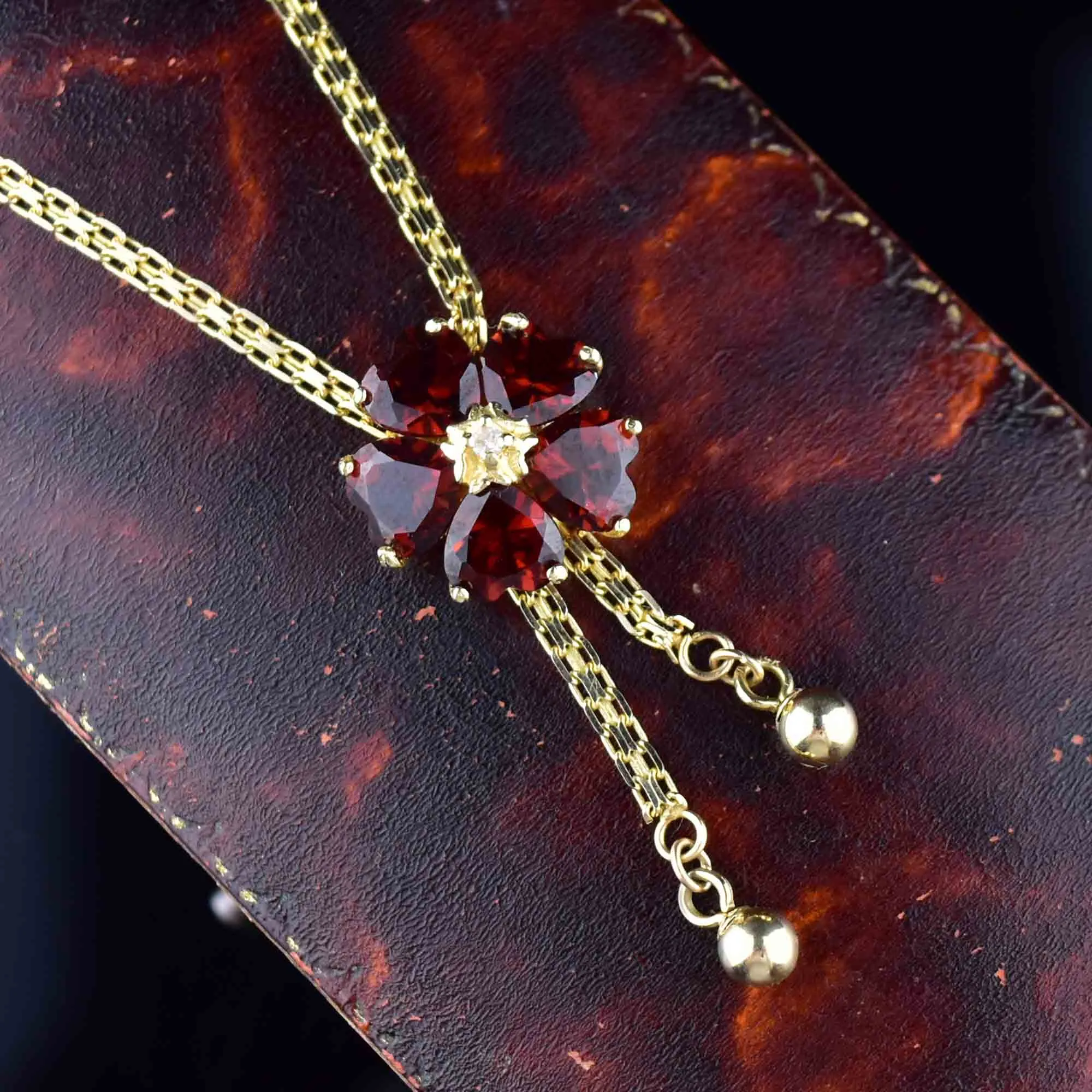 14K Gold Diamond Garnet Flower Necklace