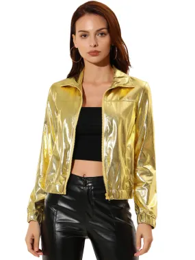 Allegra K- Metallic Shiny Zip Front Short Track Jacket