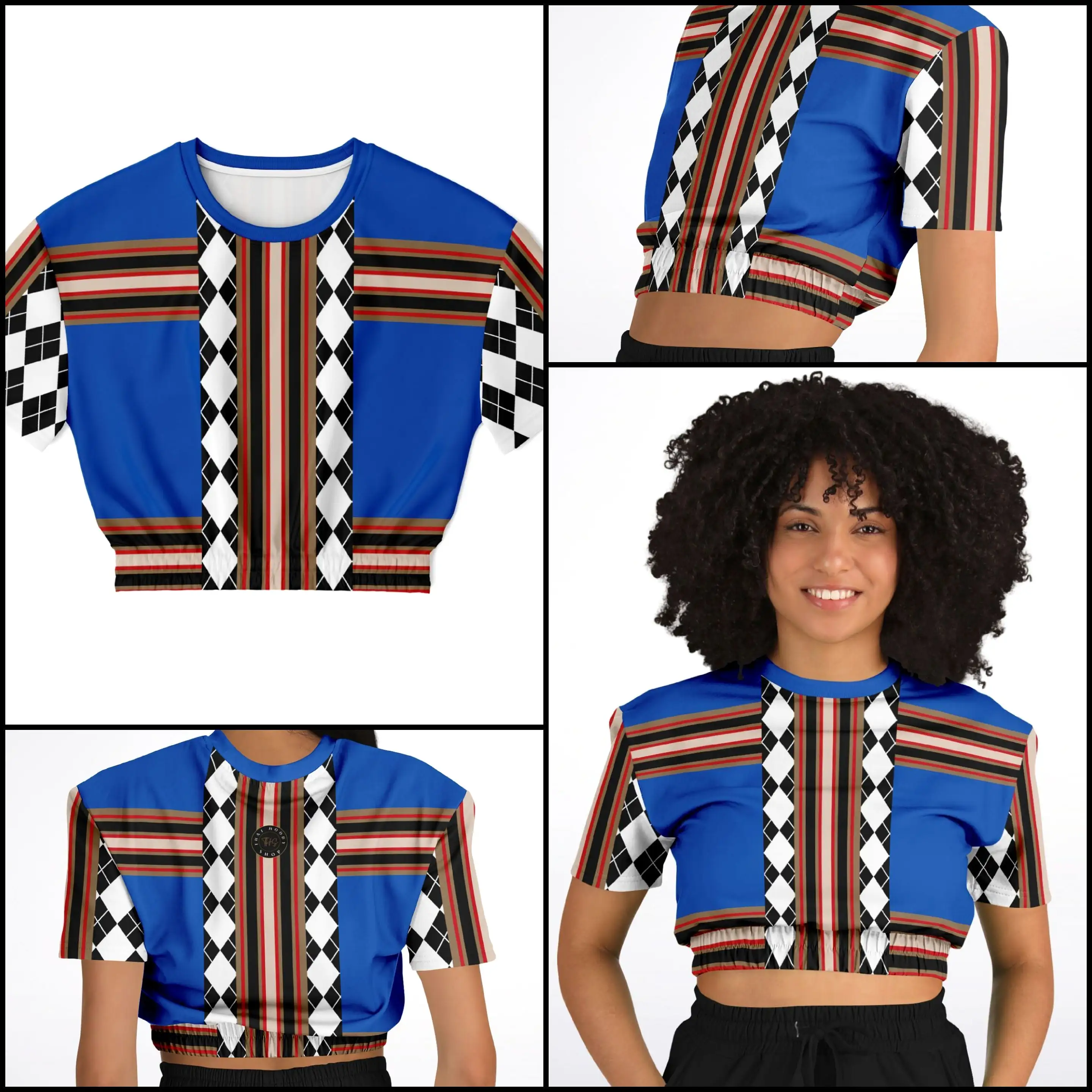 Argyle Blue DLX Short Sleeve Cropped Eco-Poly Sweater