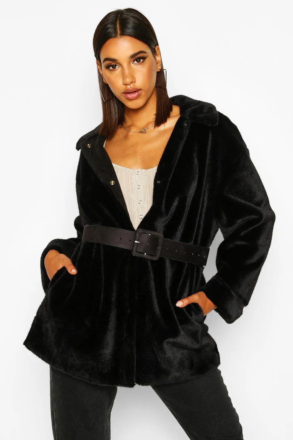 Belted Faux Suede Lined Faux Fur Coat