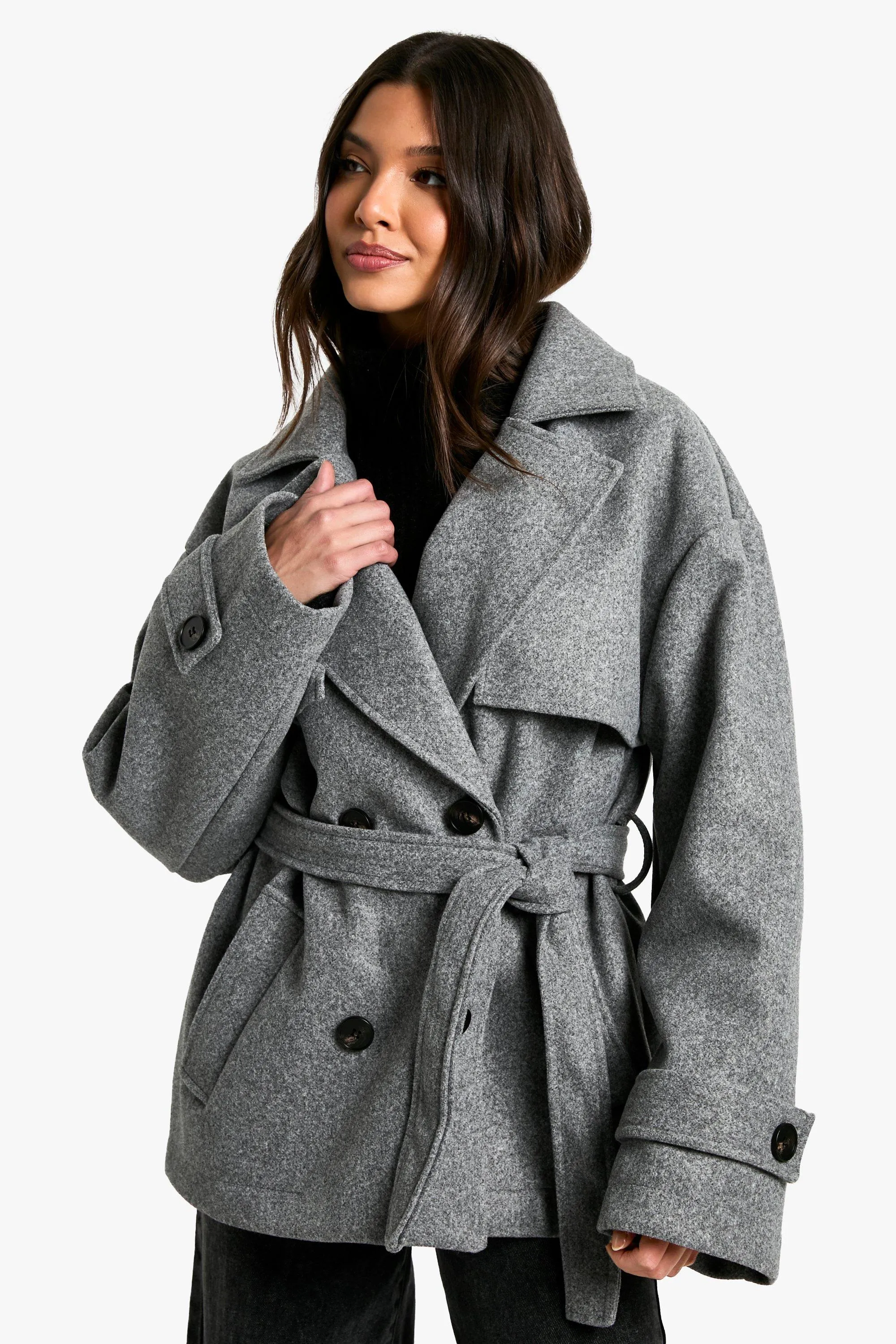 Belted Wool Look Short Coat