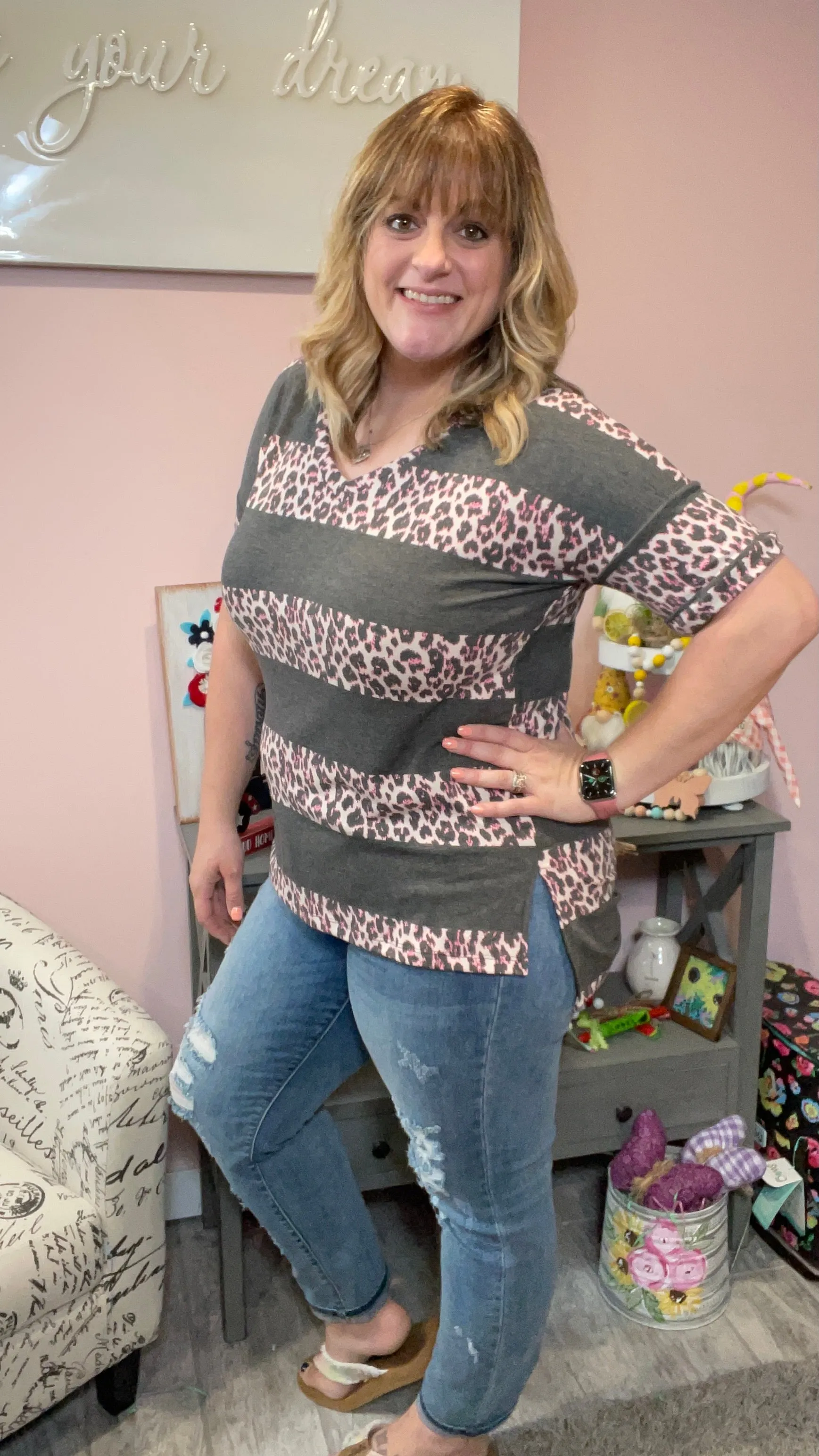 Black and Pink Animal V-Neck Top