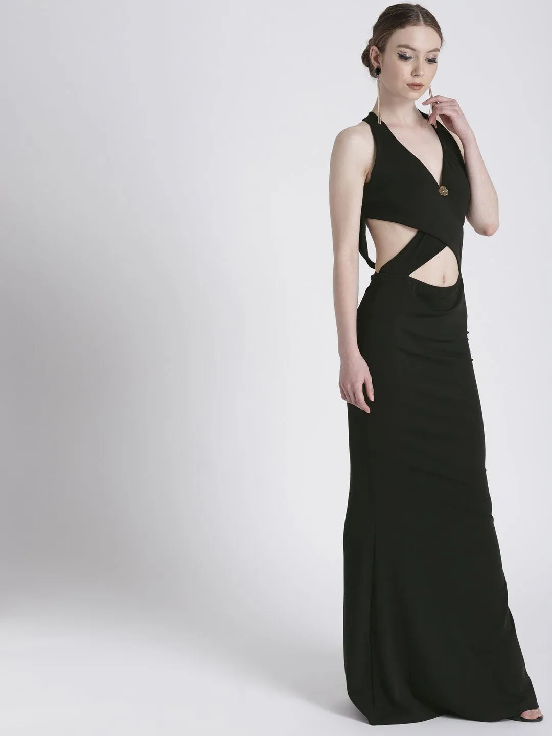 BLACK FULL LENGTH GOWN WITH CUT-OUT DETAIL