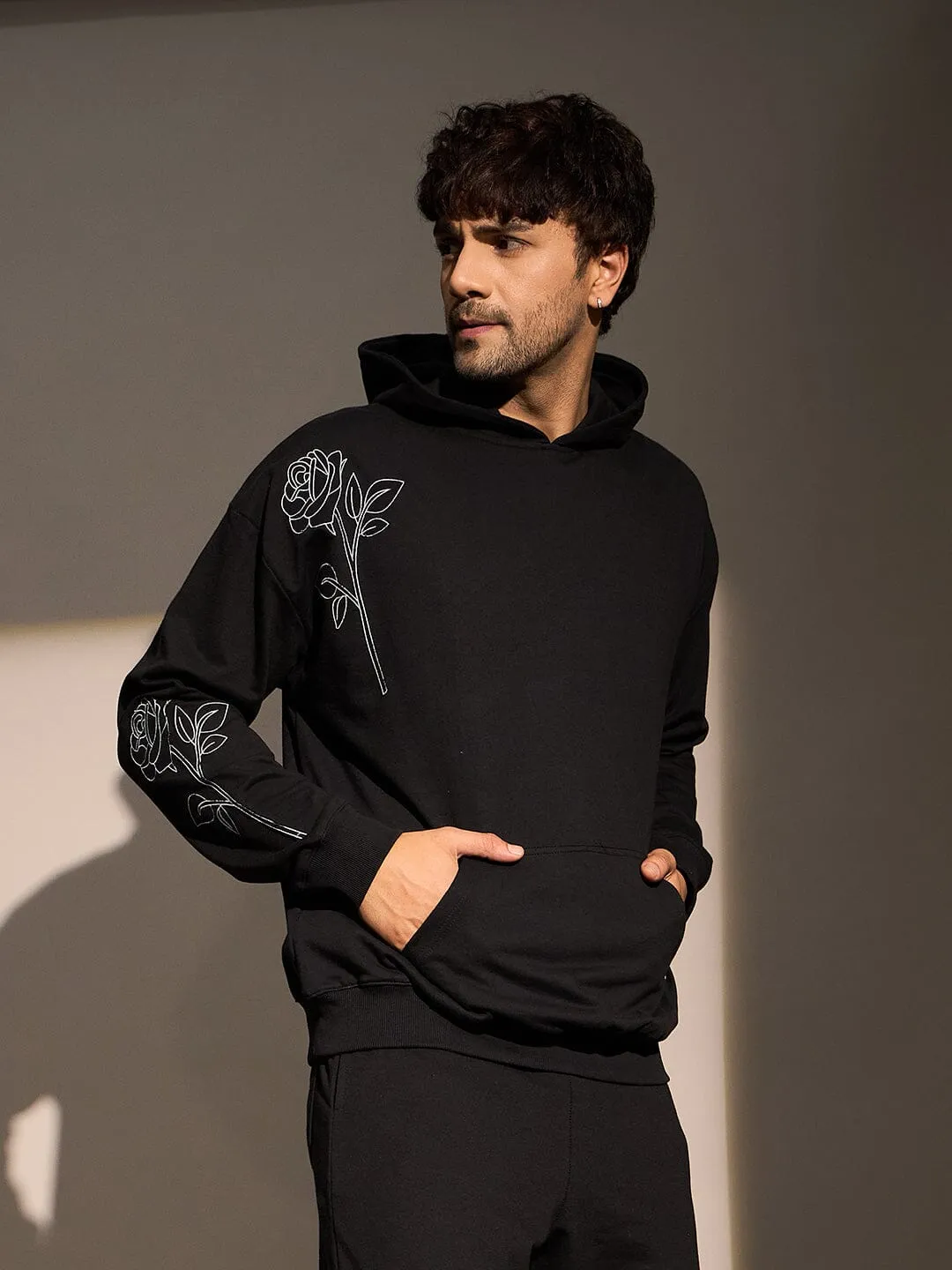 Black Rose Embroidered Oversized Hoodie