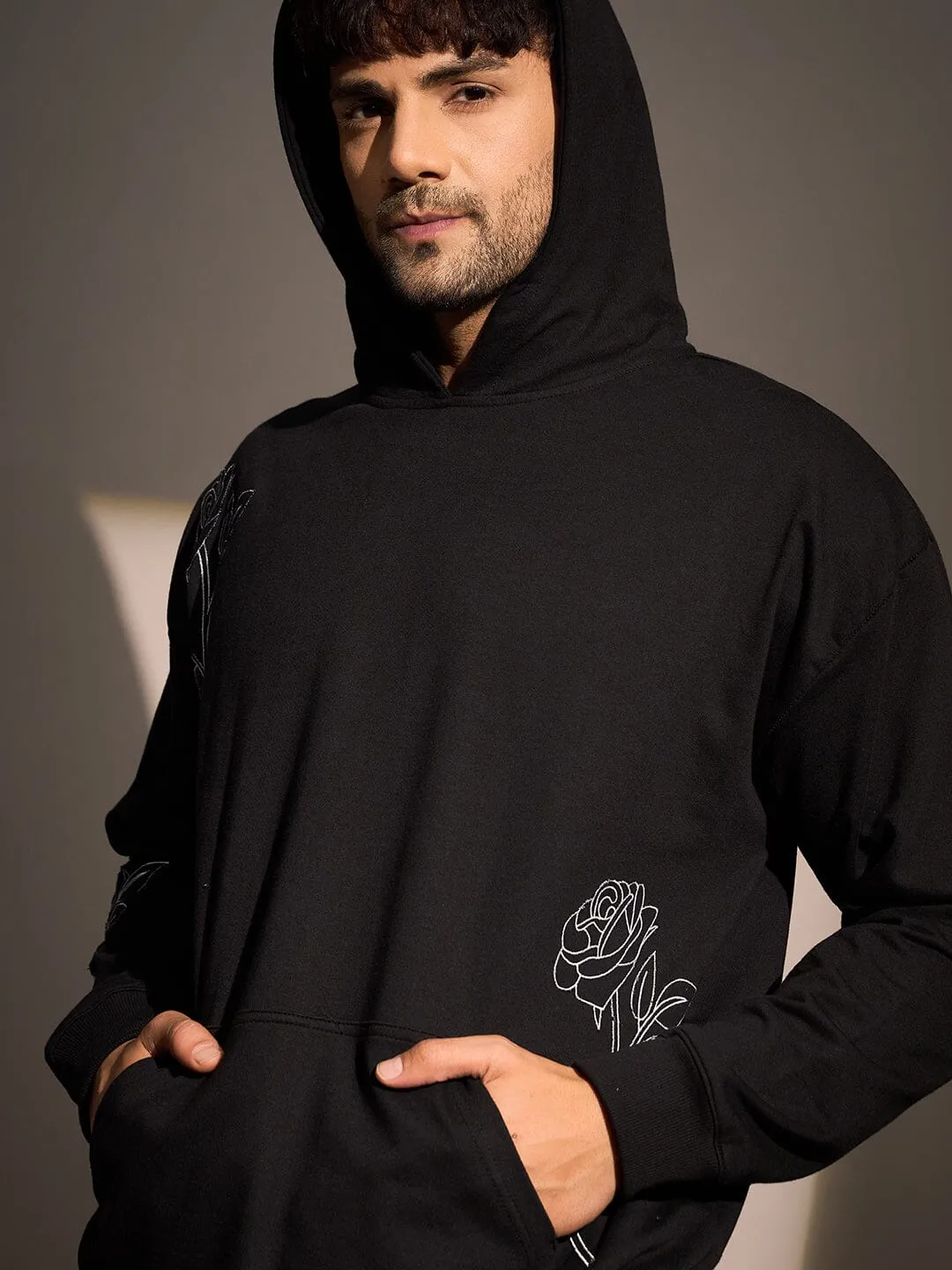 Black Rose Embroidered Oversized Hoodie