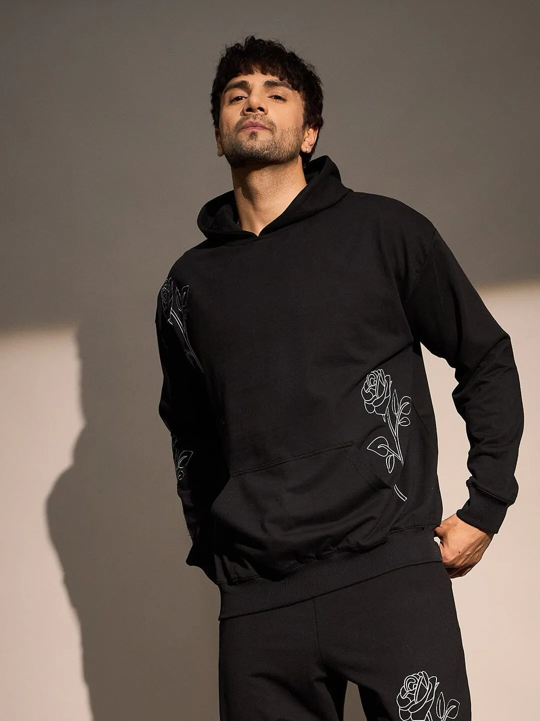 Black Rose Embroidered Oversized Hoodie