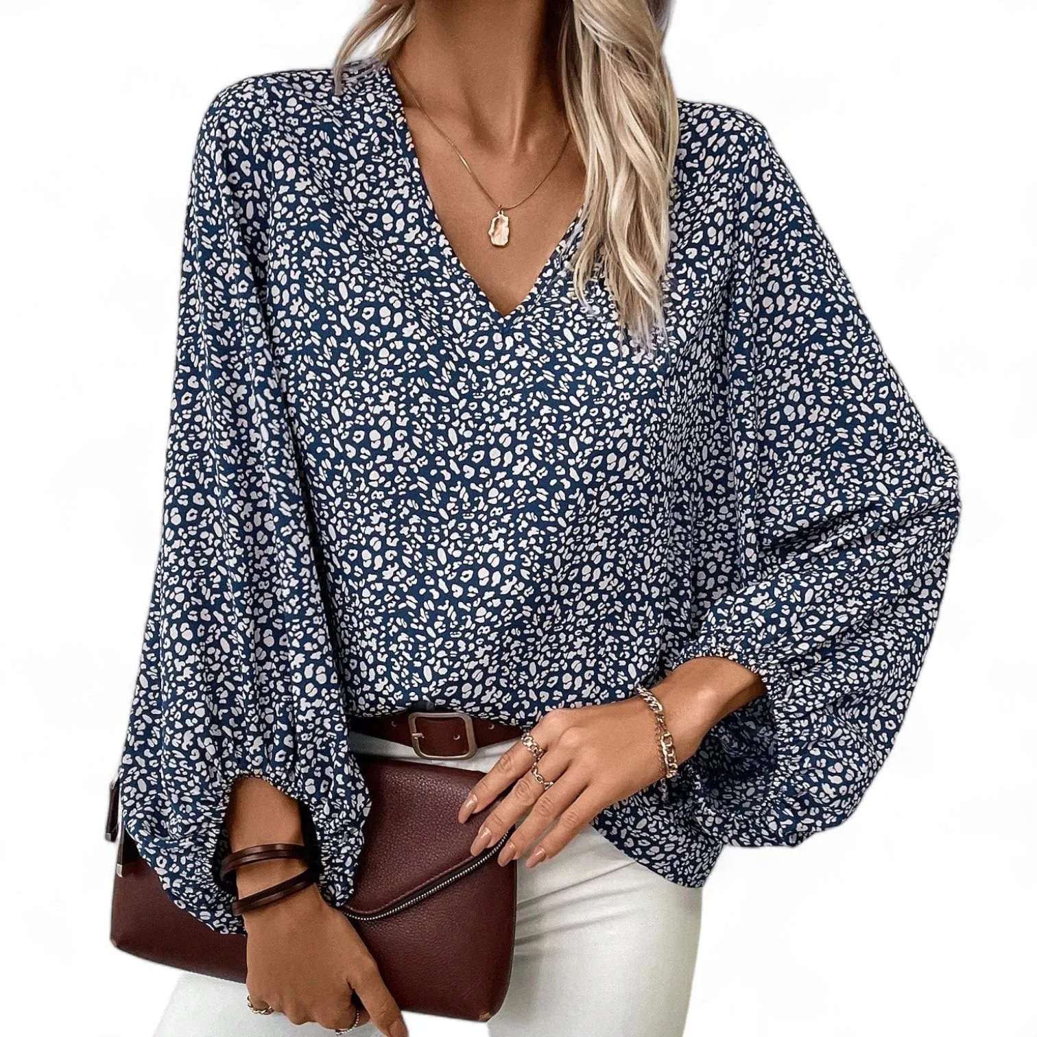 BLUSA Lantern Sleeves V Neck Top