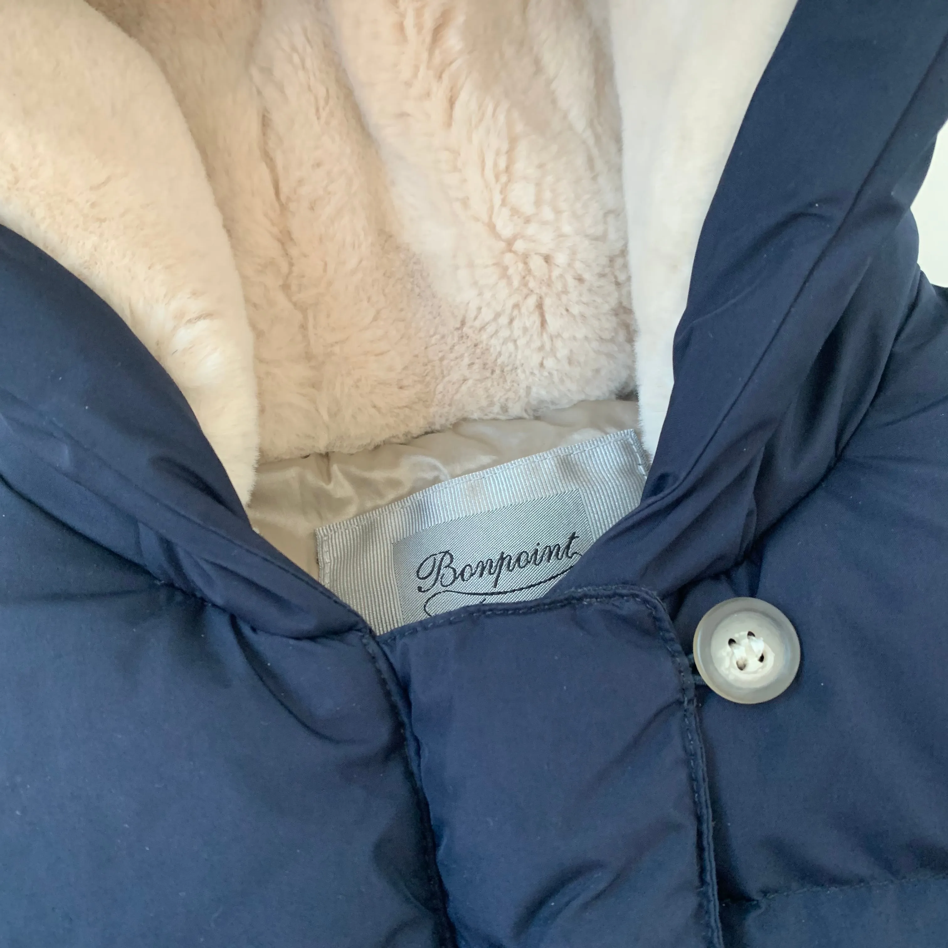 Bonpoint Navy Down Filled Coat With Faux Fur Lining: 2 Years