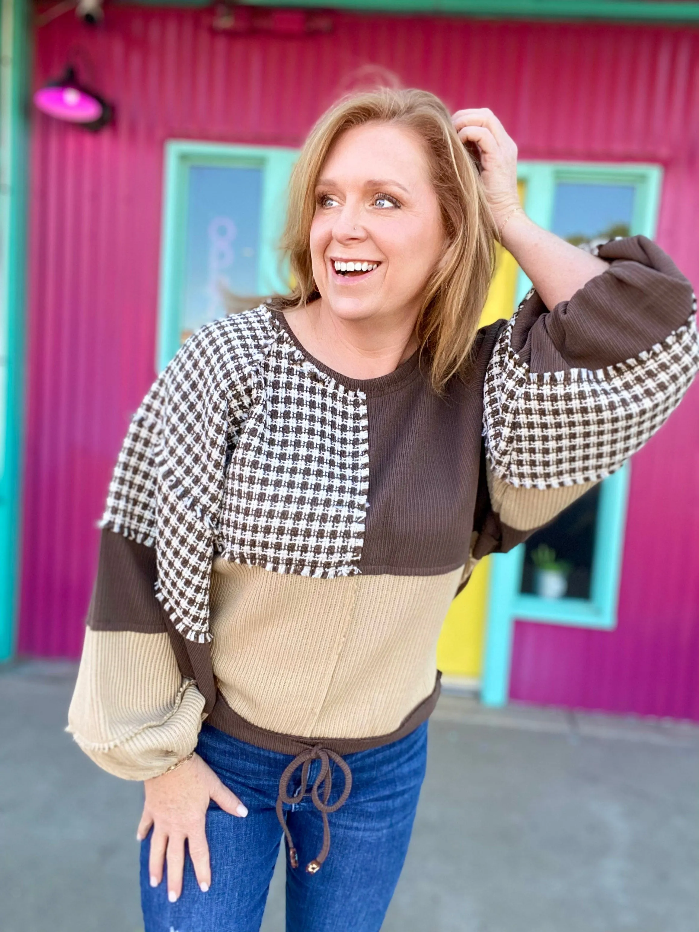 Brown Houndstooth Color Block Sweater