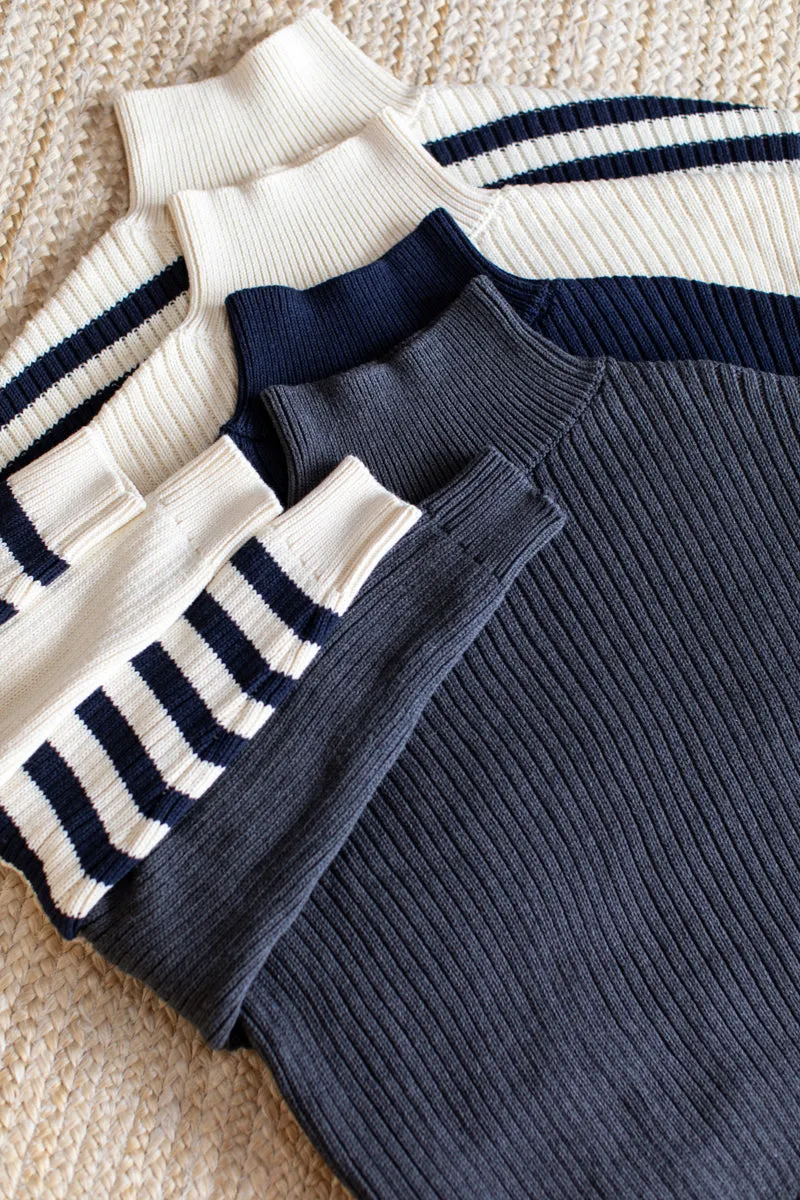 Carolyn Funnel Neck Sweater - Navy Colorblock Stripe Organic