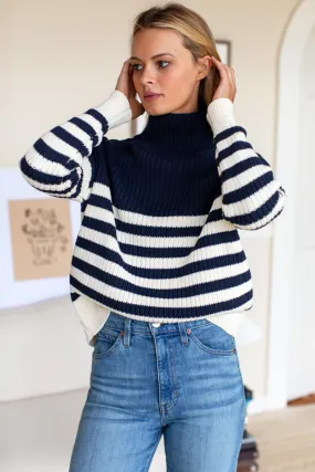 Carolyn Funnel Neck Sweater - Navy Colorblock Stripe Organic