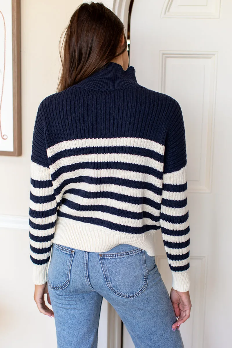 Carolyn Funnel Neck Sweater - Navy Colorblock Stripe Organic