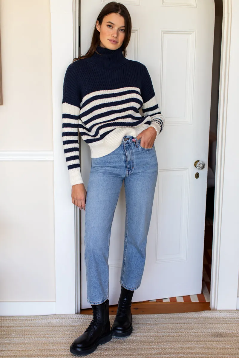 Carolyn Funnel Neck Sweater - Navy Colorblock Stripe Organic