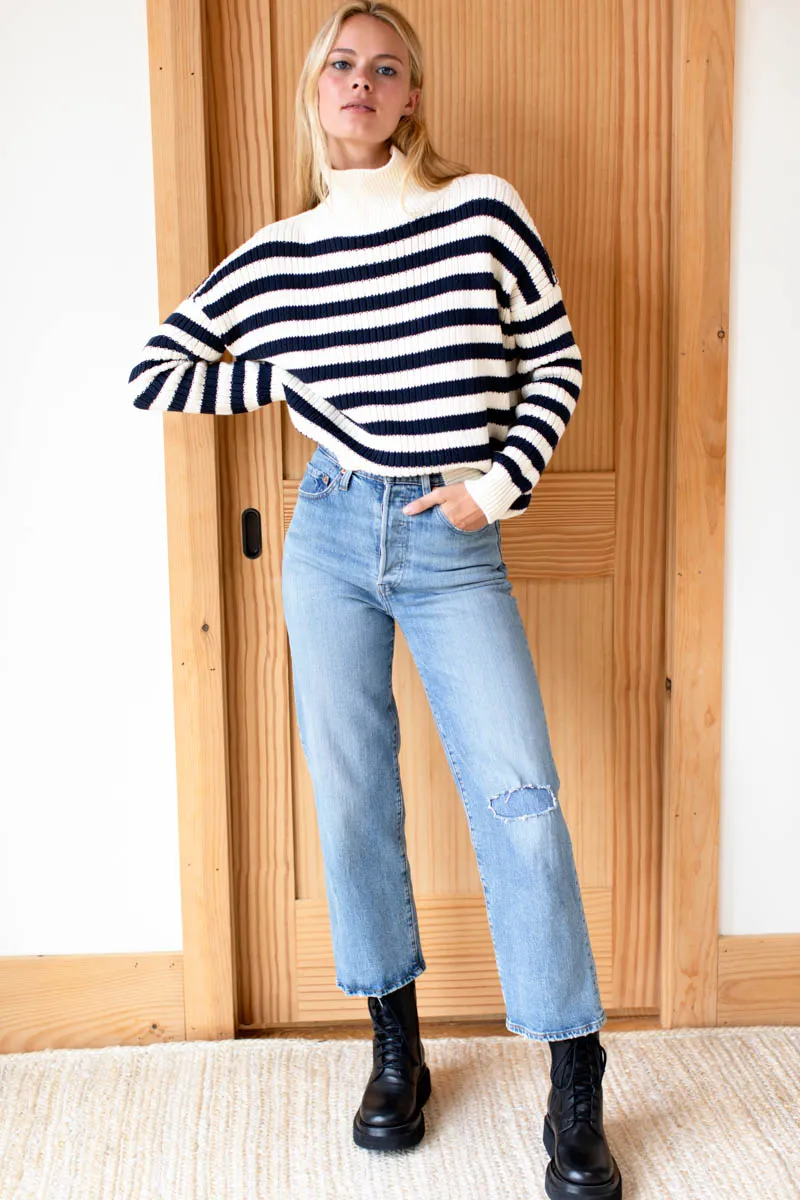 Carolyn Funnel Neck Sweater - Navy French Stripe Organic