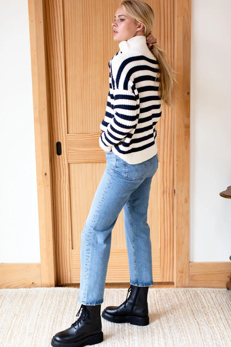 Carolyn Funnel Neck Sweater - Navy French Stripe Organic