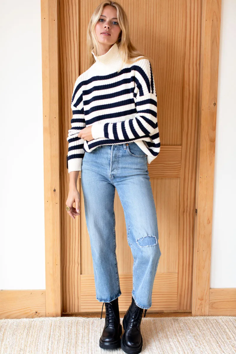 Carolyn Funnel Neck Sweater - Navy French Stripe Organic