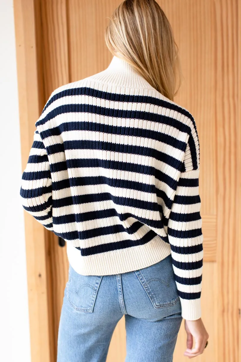 Carolyn Funnel Neck Sweater - Navy French Stripe Organic