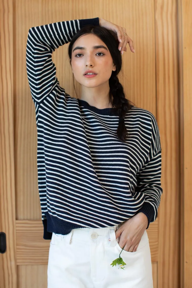 Carolyn Sweater - Ivory Stripe Navy Organic