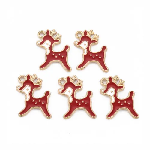 Charms, Christmas, Reindeer, Light Gold Plated, White, Red, Enameled, 19.5mm