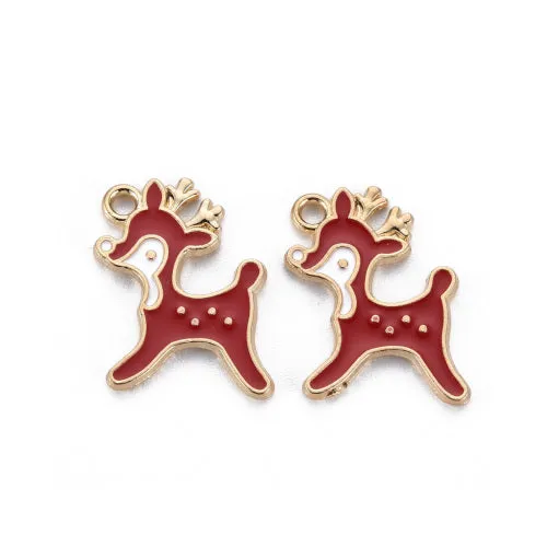 Charms, Christmas, Reindeer, Light Gold Plated, White, Red, Enameled, 19.5mm