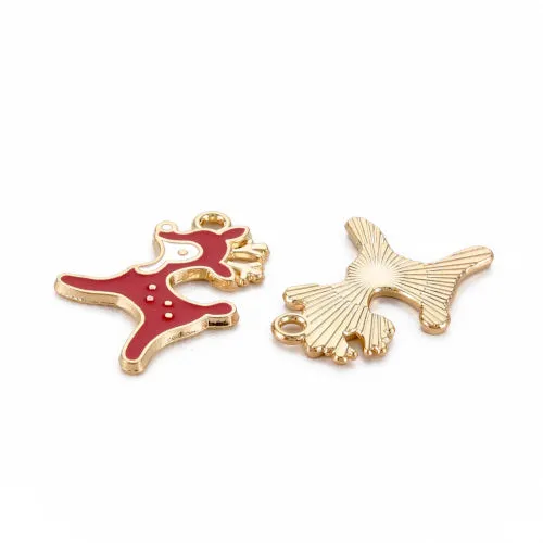 Charms, Christmas, Reindeer, Light Gold Plated, White, Red, Enameled, 19.5mm