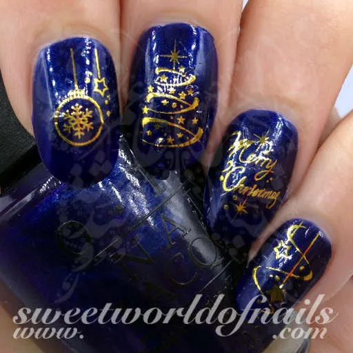 Christmas Nail Art Gold Merry Christmas Tree Stars Lights