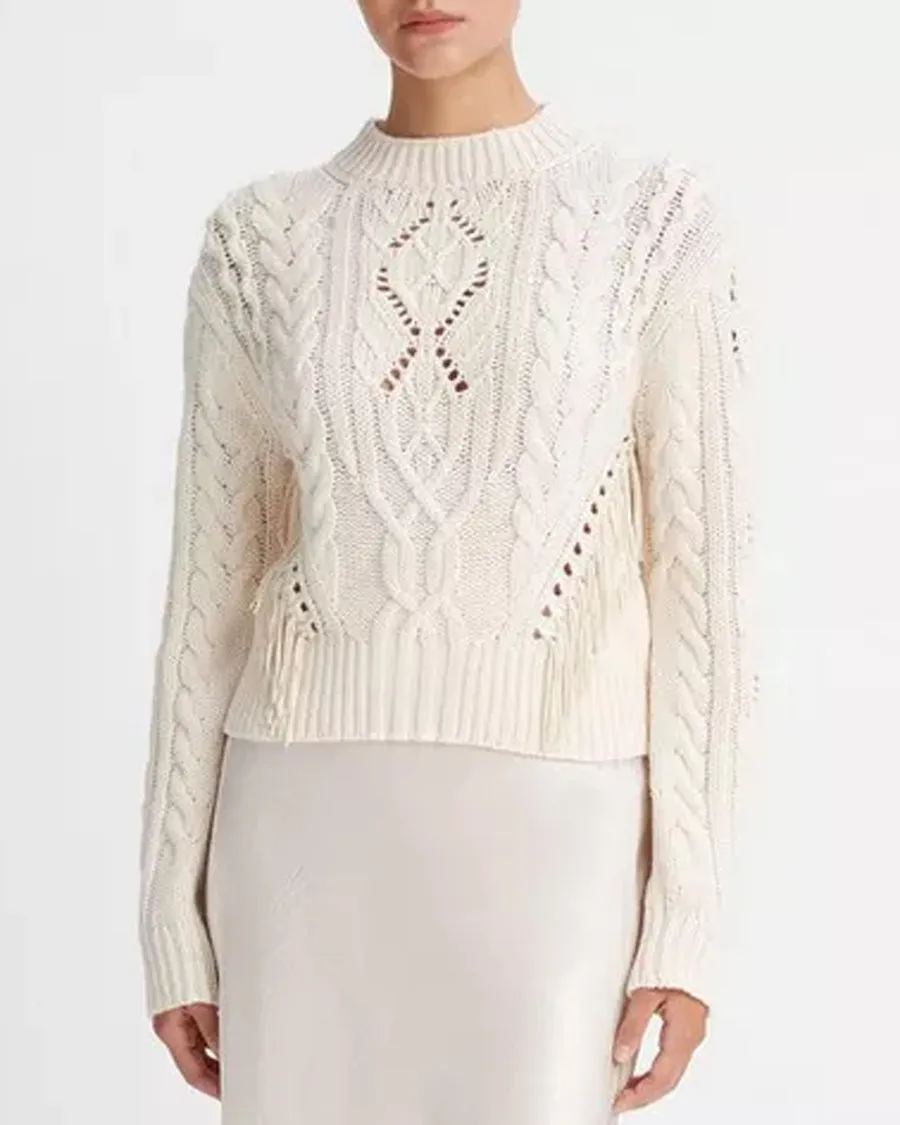 Cream Fringe Cable Knit Sweater