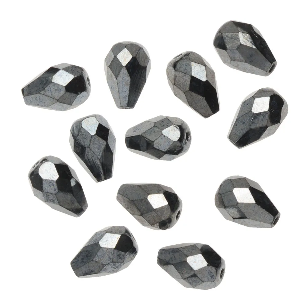 Czech Fire Polished Glass Beads, Teardrop 10x7mm, Hematite Full-Coat (1 Strand)