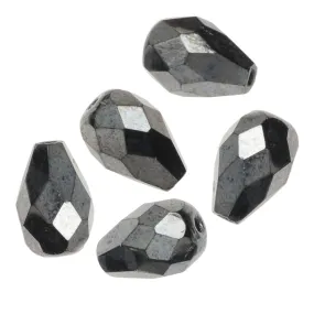 Czech Fire Polished Glass Beads, Teardrop 10x7mm, Hematite Full-Coat (1 Strand)