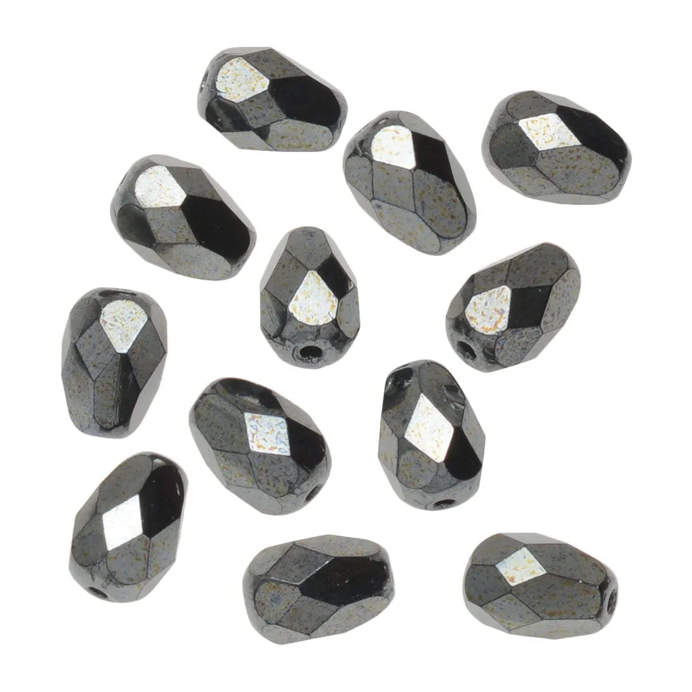 Czech Fire Polished Glass Beads, Teardrop 8x6mm, Hematite Full-Coat (1 Strand)