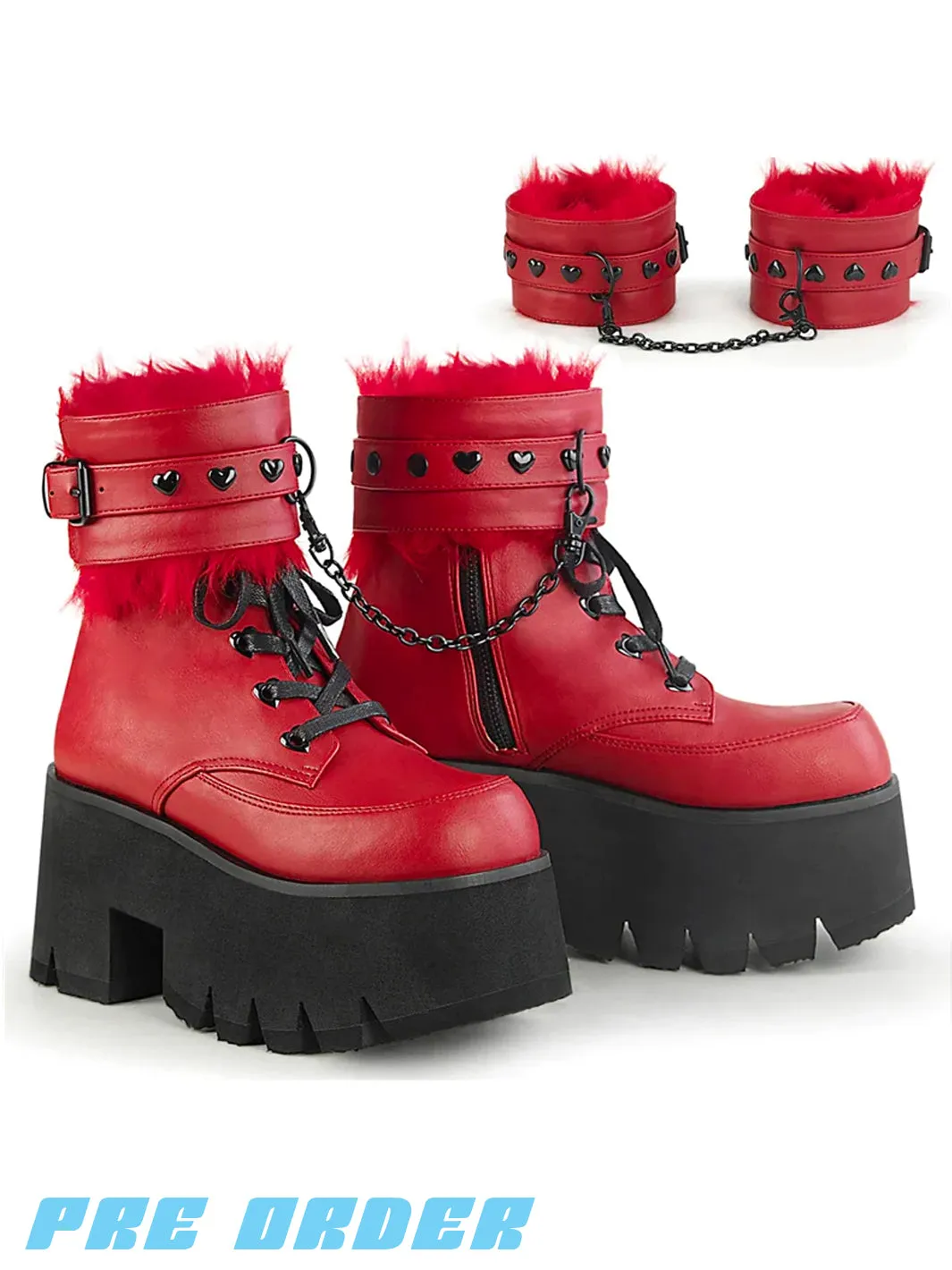 DEMONIA ASHES-57 BOOTS - RED VEGAN LEATHER  PRE ORDER 