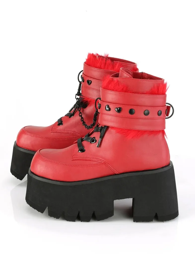 DEMONIA ASHES-57 BOOTS - RED VEGAN LEATHER  PRE ORDER 