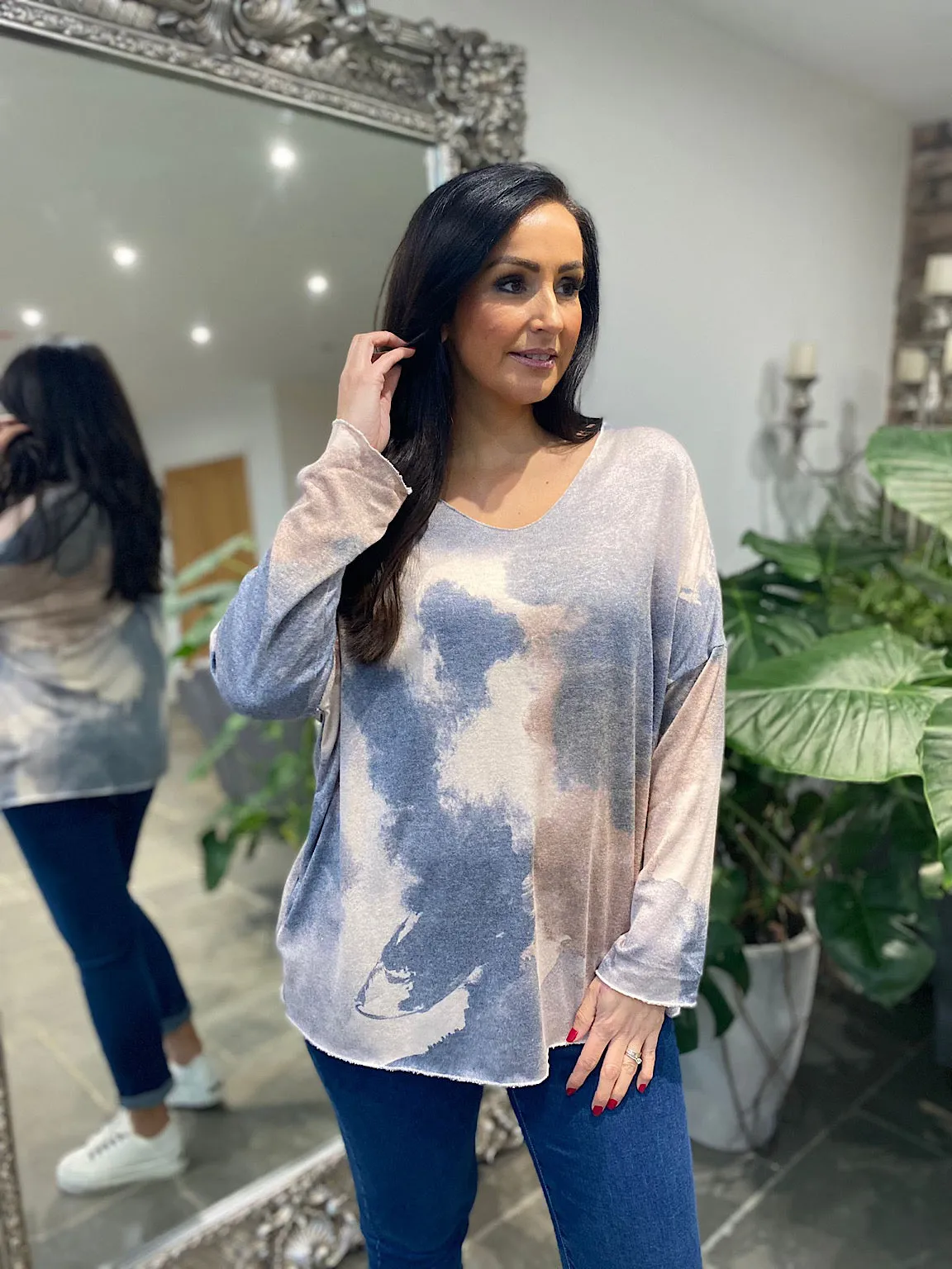 Denim Watercolour V Neck Top Vicky