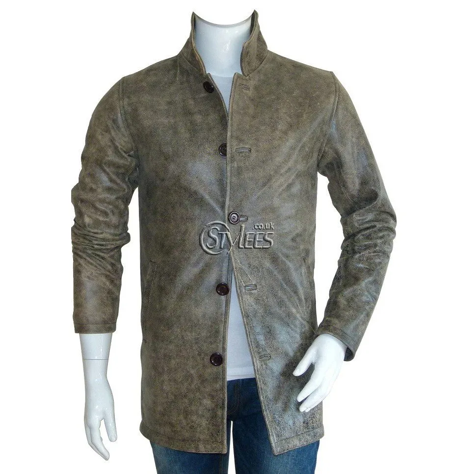 Distressed Supernatural Stone Grey Leather Coat