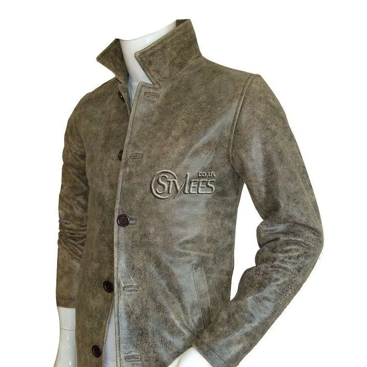 Distressed Supernatural Stone Grey Leather Coat