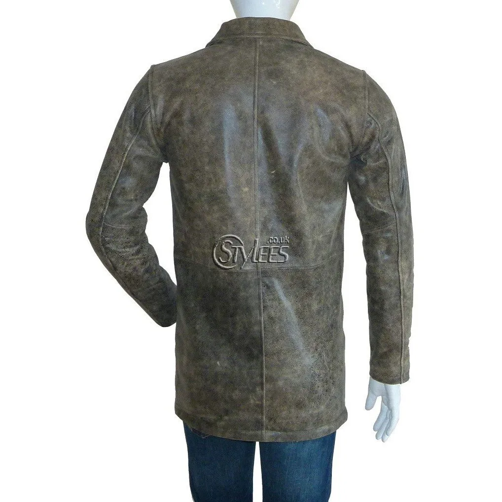 Distressed Supernatural Stone Grey Leather Coat