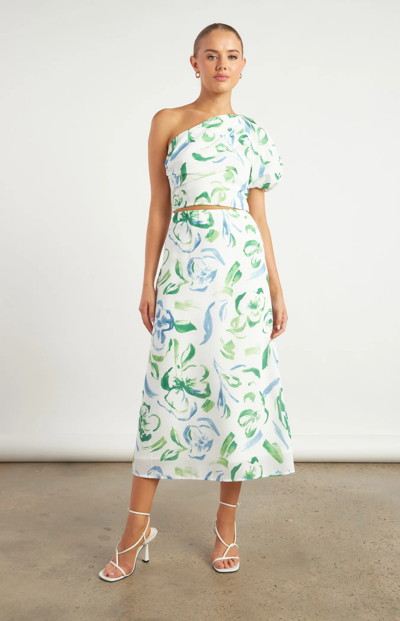 Faux Linen Printed Set with One Shoulder Top and Skirt (WSE316A) 