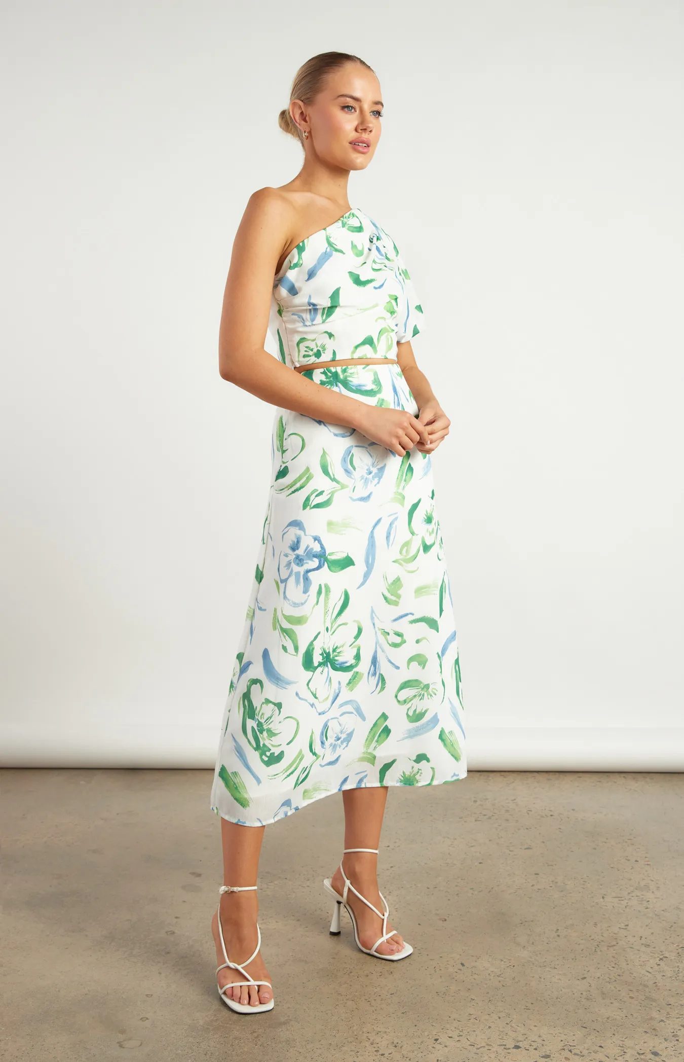 Faux Linen Printed Set with One Shoulder Top and Skirt (WSE316A) 