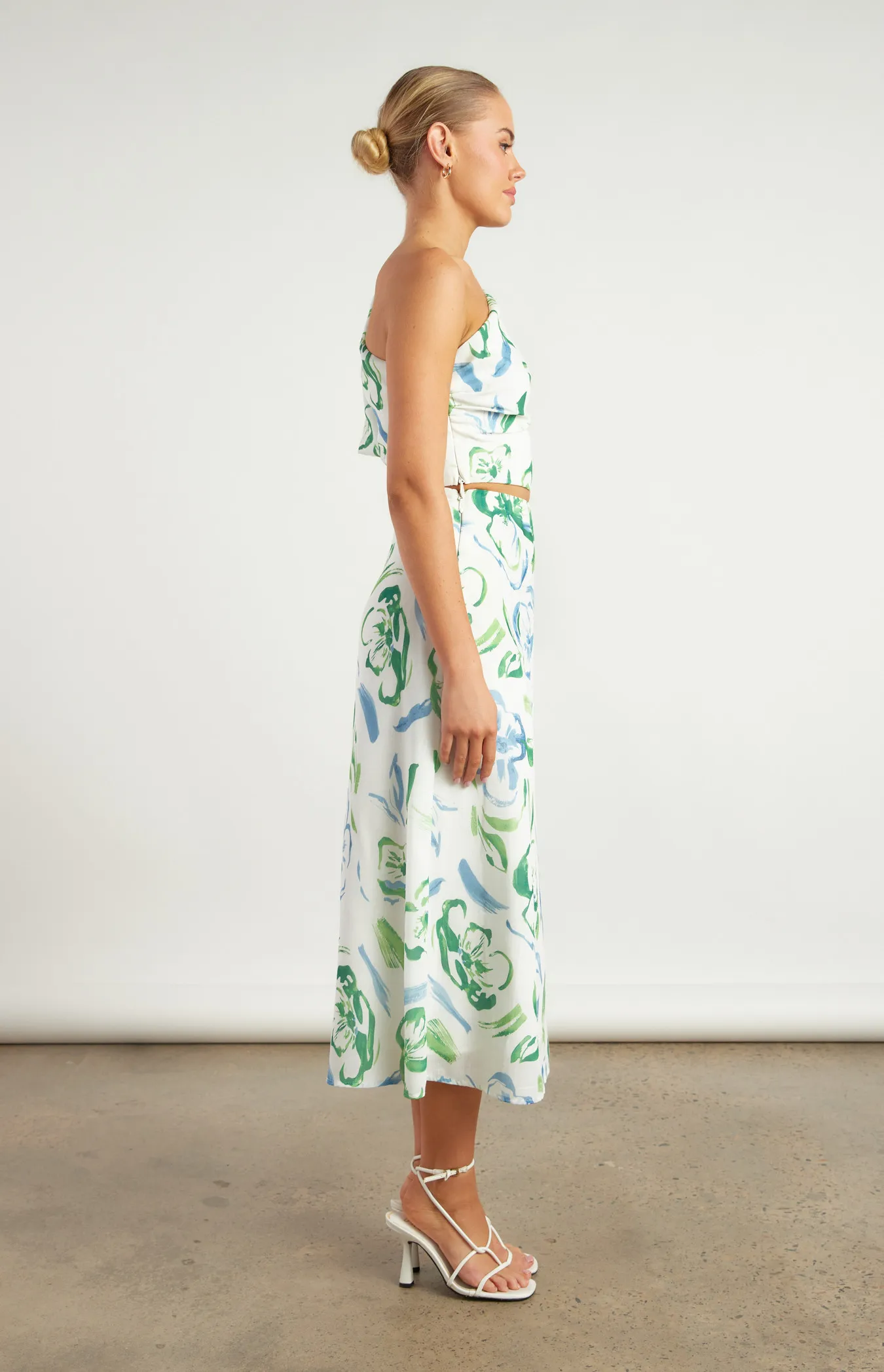 Faux Linen Printed Set with One Shoulder Top and Skirt (WSE316A) 