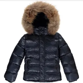 Finger In The Nose Navy Down Parka With Fur Trimmed Hood: 10-11 Years (Brand New)