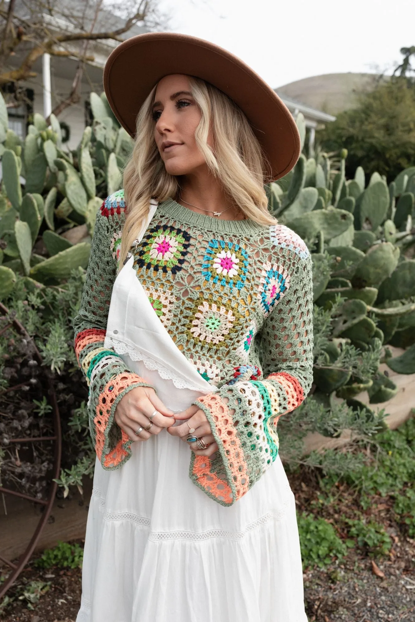 Flower Drops Crochet Sweater - Sage