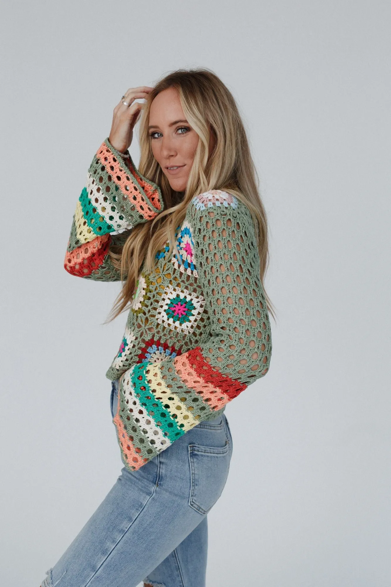 Flower Drops Crochet Sweater - Sage