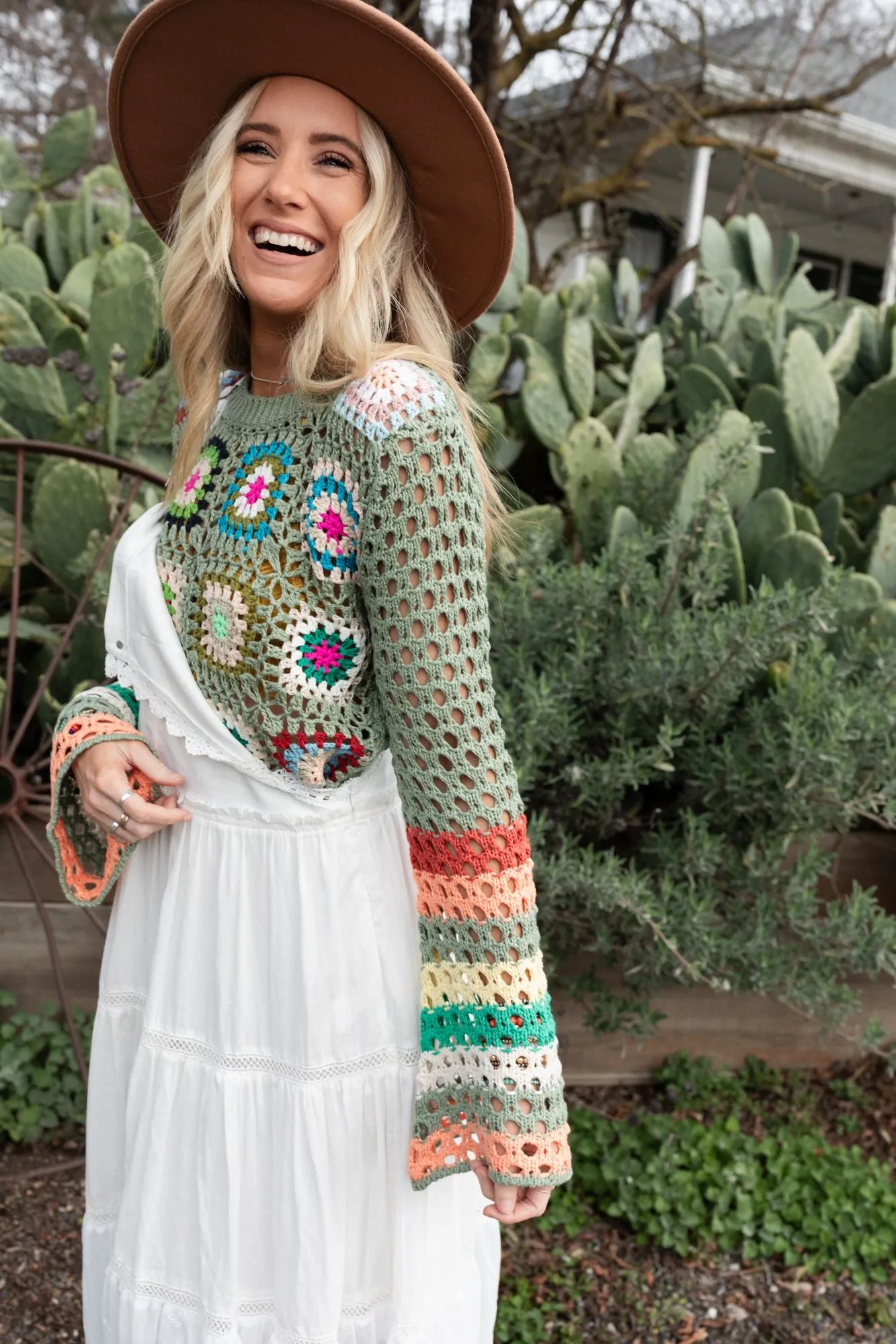 Flower Drops Crochet Sweater - Sage