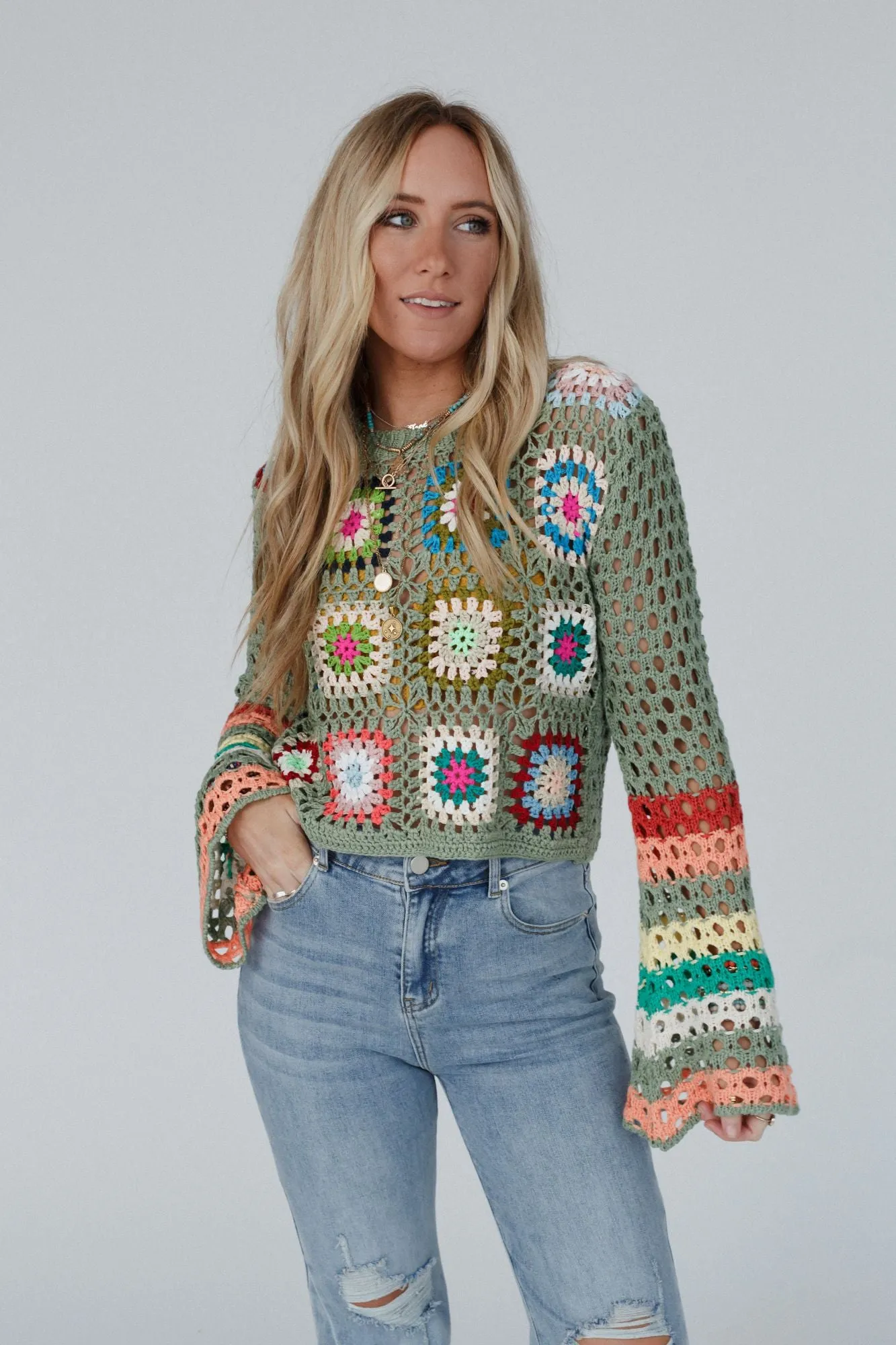 Flower Drops Crochet Sweater - Sage