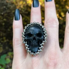 GEMSTONE Carved Black Horn Skull Ring: Size 6.5