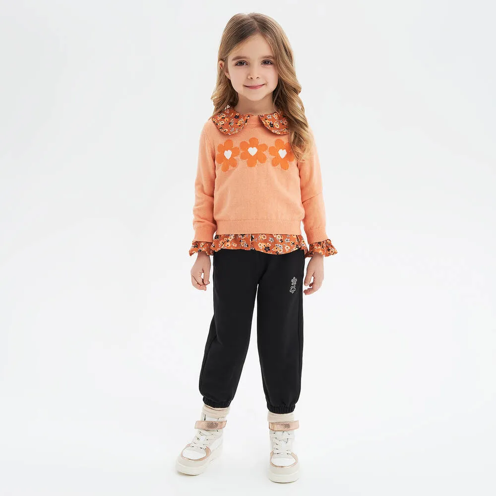 Girls Orange Knitted Flower Sweater