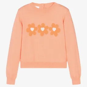 Girls Orange Knitted Flower Sweater