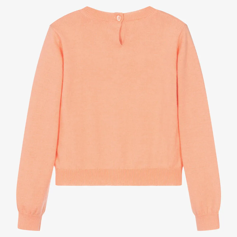 Girls Orange Knitted Flower Sweater