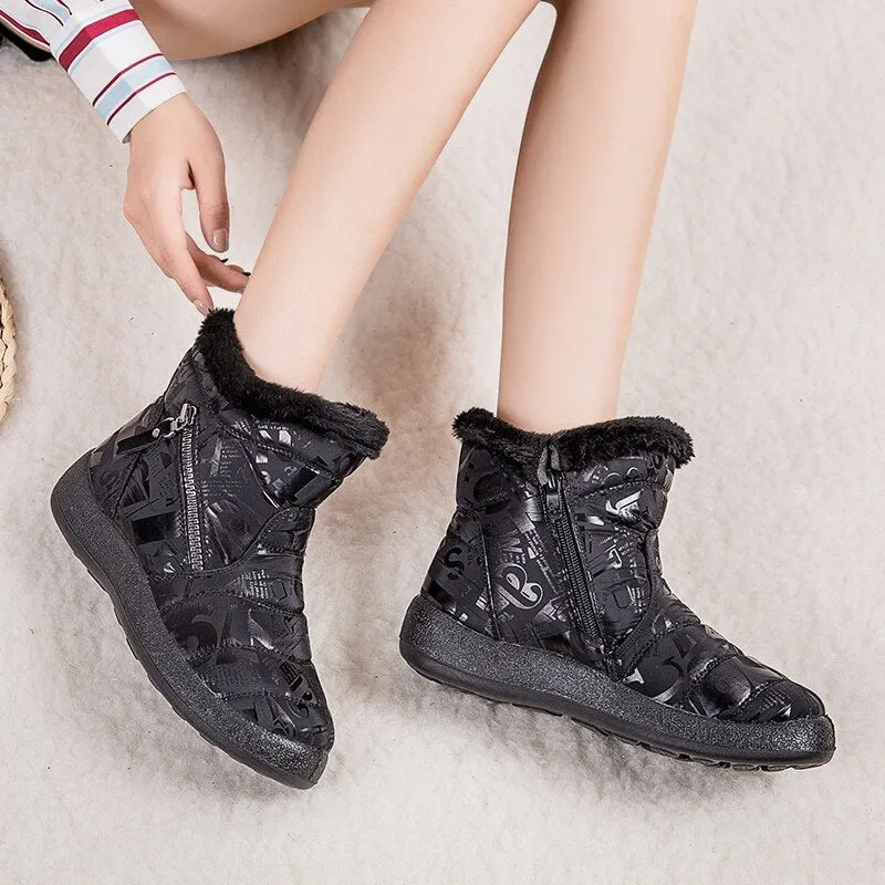 Gray Warm Plush Zipper Round Toe Waterproof Ankle Boots for Women