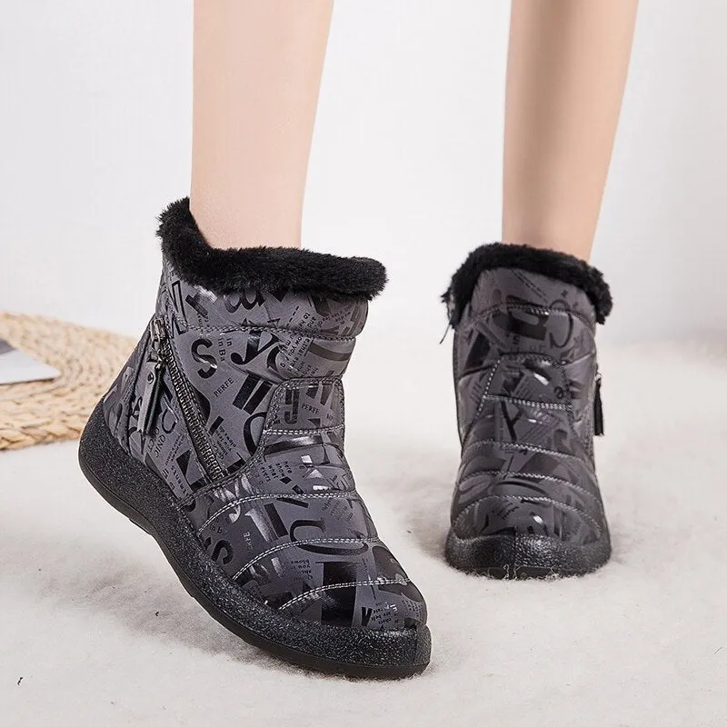 Gray Warm Plush Zipper Round Toe Waterproof Ankle Boots for Women